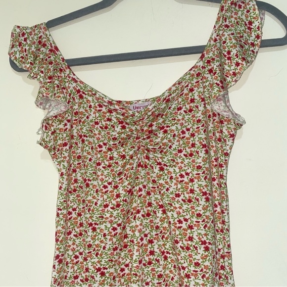 Womens  Y2K Party Girl Summer Floral V-Neck Diagonal Cut Flowy Sleeve stank Top - Picture 11 of 13